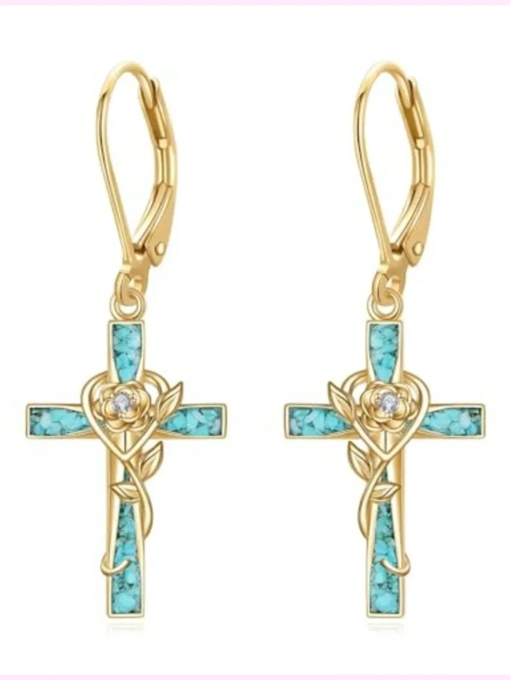 18k Gold Plated Rose Cross Turquoise Dangle Earrings Faith Jewelry Gift for